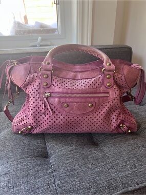 Authentic Balenciaga City Bag Pink Perforated Leather Satchel Handbag